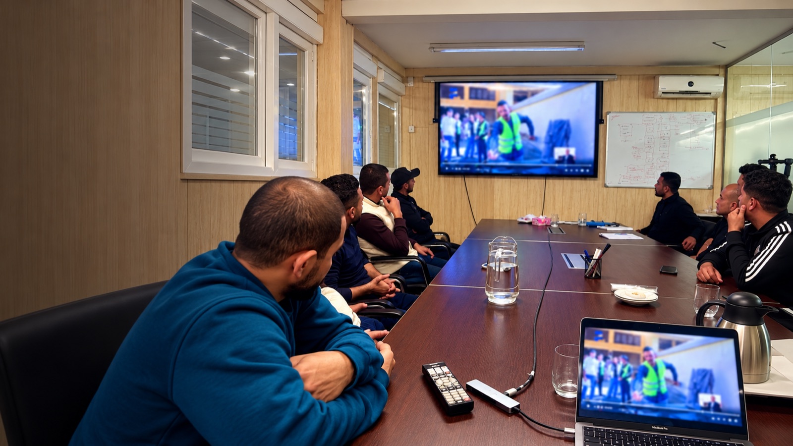 Candidates around a meeting table watching a briefing video on a wall screen, the same video open on a laptop in the foreground