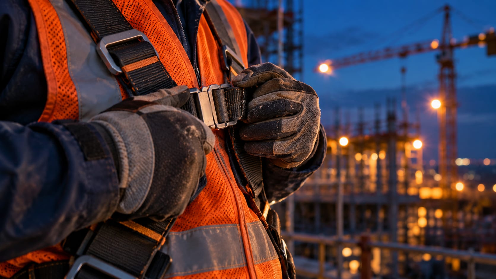 Close-up of gloved hands fastening the chest buckle of a safety harness over an orange hi-vis vest, scaffolding and a tower crane lit at dusk behind