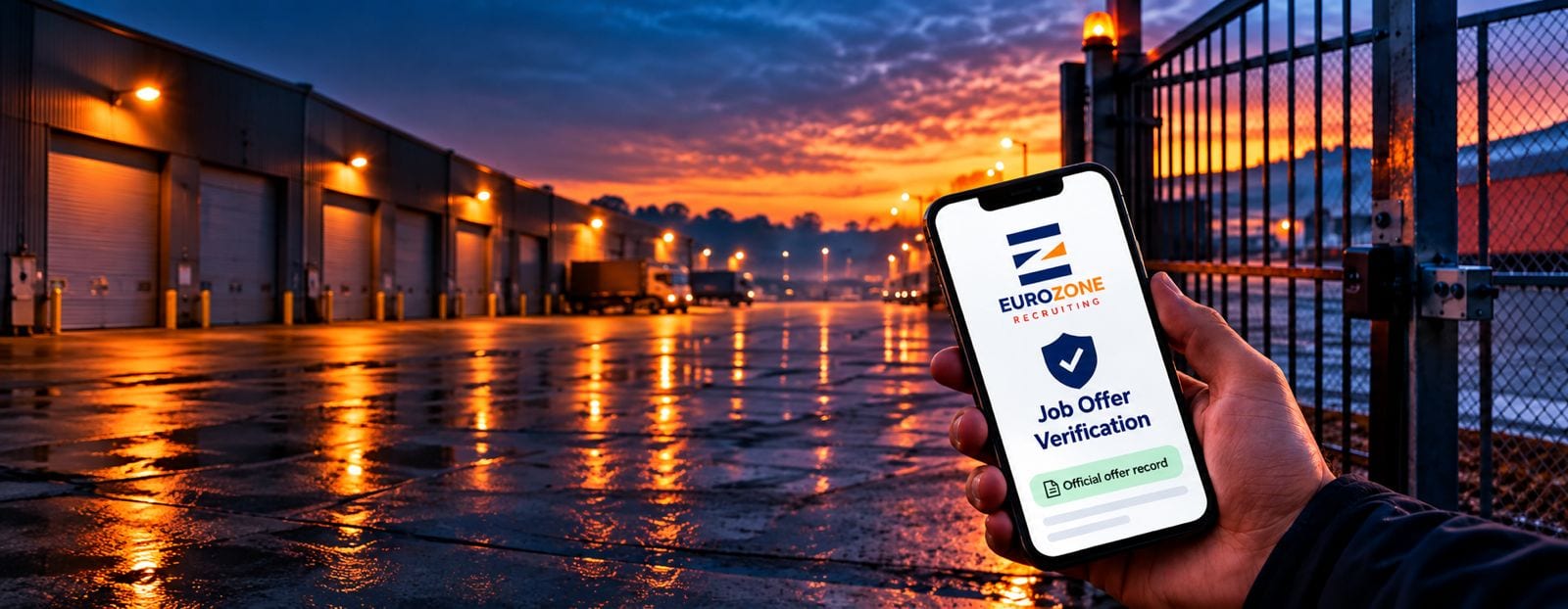 A hand holding a phone at the open gate of an industrial yard at dusk, the screen showing Eurozone's job offer verification and an official offer record