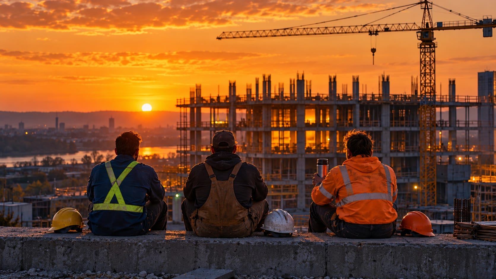Three workers seen from behind sitting on a low concrete wall at sunset, hard hats beside them and one holding a flask, looking out at a concrete building frame under construction and a tower crane