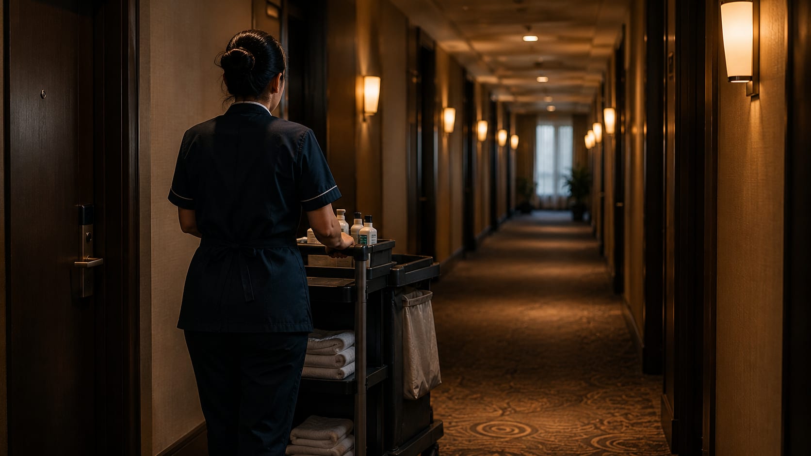 A housekeeper seen from behind pushing a cart of towels and bottles along a dim hotel corridor lined with wall lamps