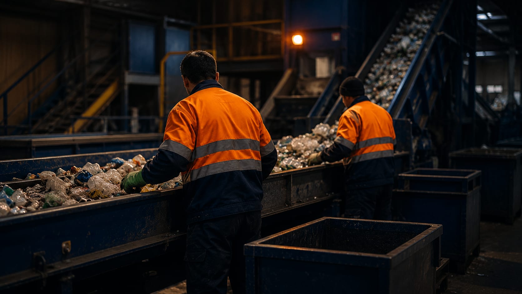 Two workers in orange high-visibility jackets, seen from behind, sorting mixed waste on a conveyor line inside a recycling hall
