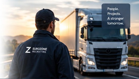 A professional driver standing in front of a truck at sunset.