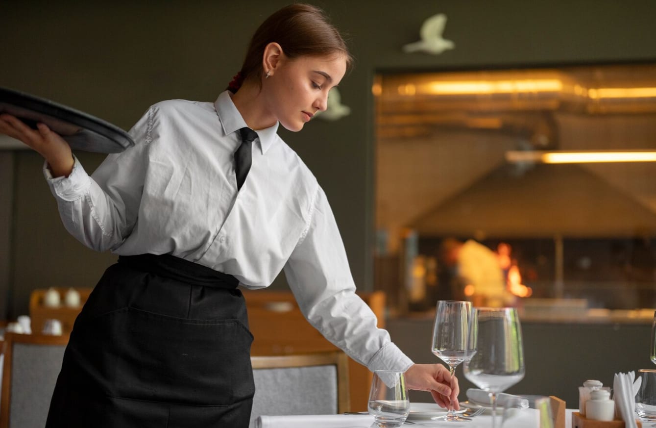 A waiter in a white shirt and apron setting wine glasses on a laid table in a restaurant dining room