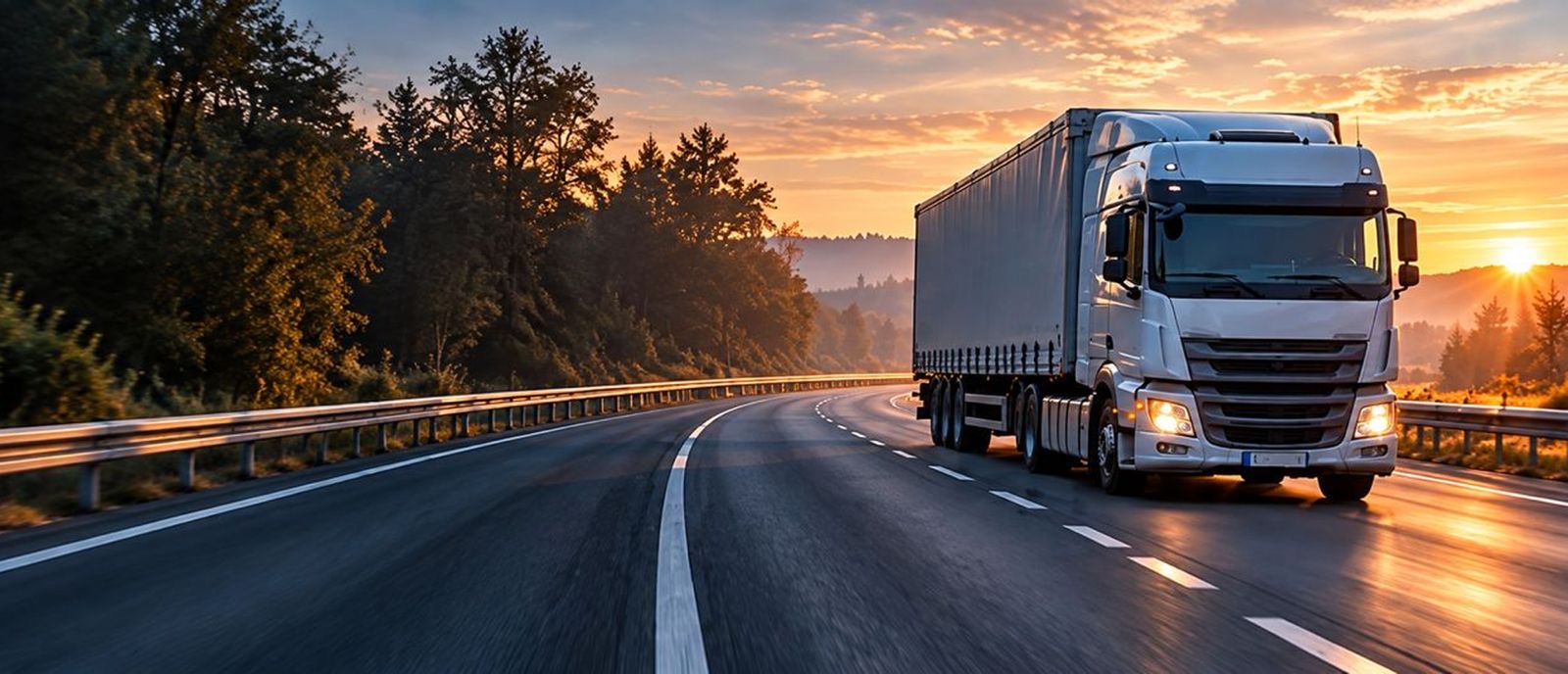 A white articulated lorry on a motorway at sunset.