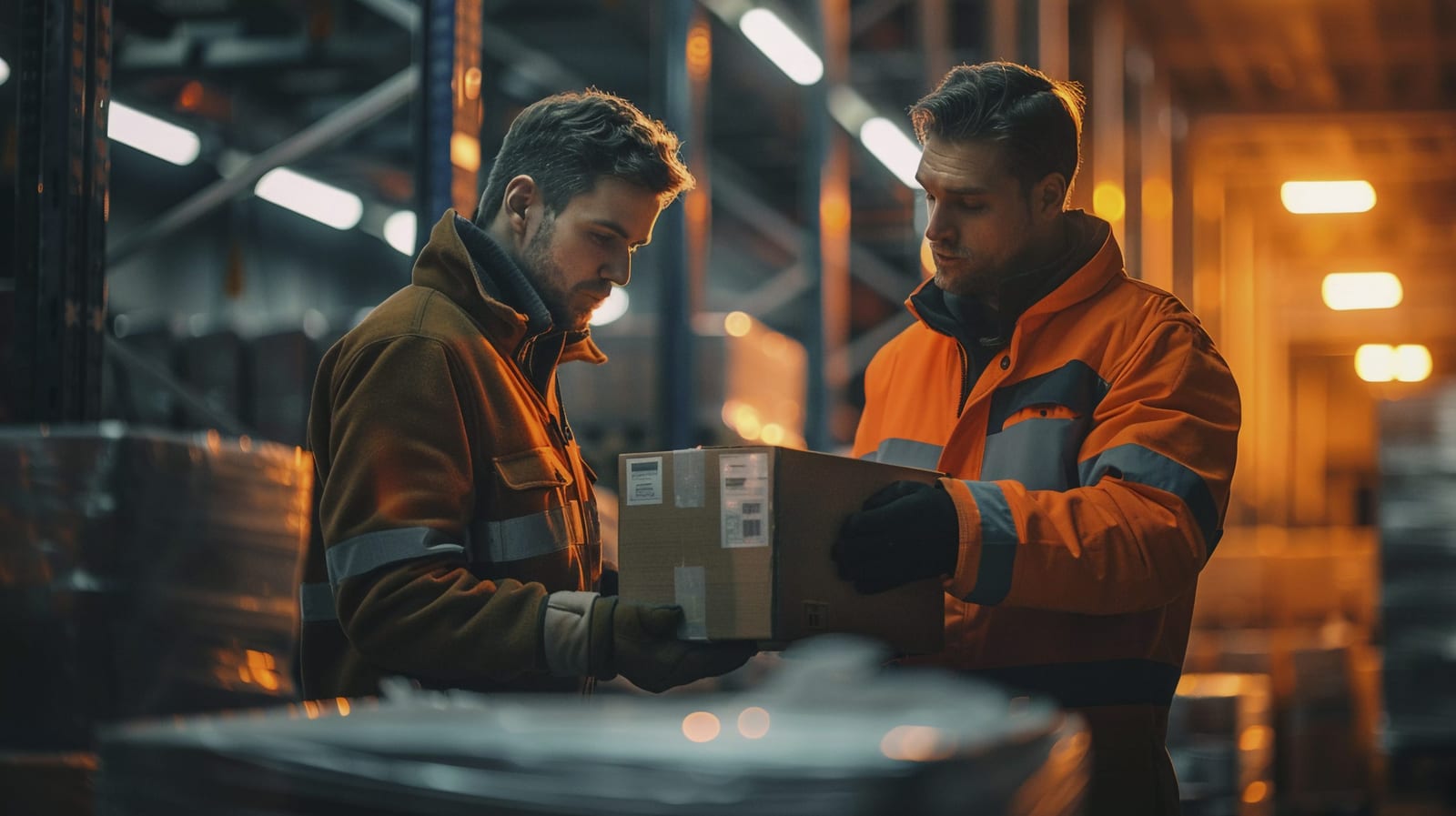 Two warehouse workers in high-visibility jackets checking a parcel together between storage racks